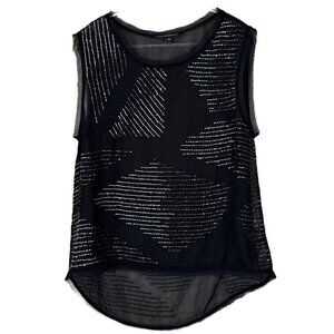 W118 Walter Baker Beaded Metallic Sheer Frayed Hem Tank Top Black Silver Size M